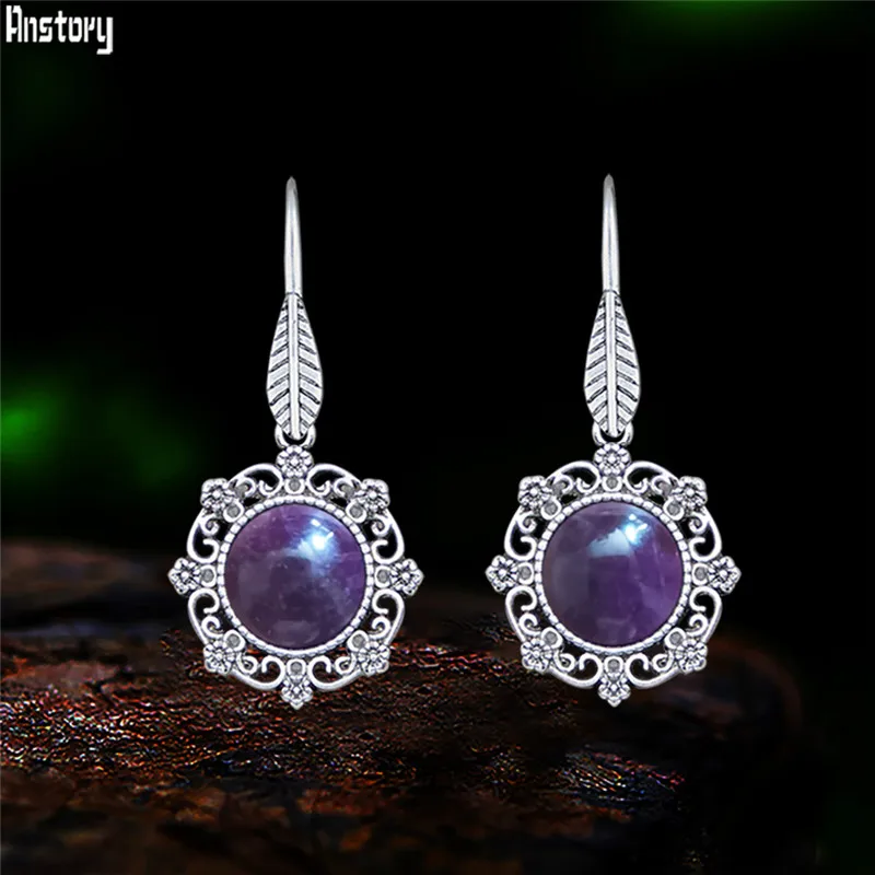 

Vintage Flower Pendant Natural Stone Amethysts Earrings For Women Antique Silver Plated Leaf Hook Dangle Fashion Jewelry