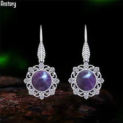 Vintage Flower Pendant Natural Stone Amethysts Earrings For Women Antique Silver Plated Leaf Hook Dangle Fashion Jewelry