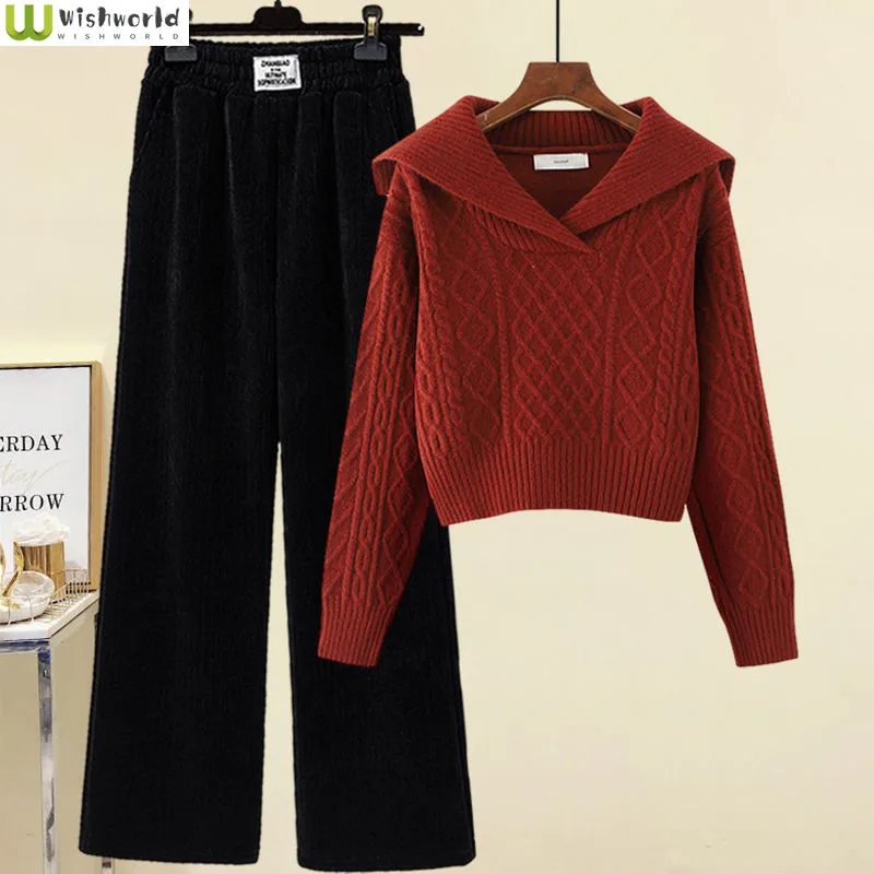 

Korean Spring and Autumn Set Women's 2022 New Age Reducing Casual Knitted Sweater Fashion Wide Leg Pants Two-piece Set