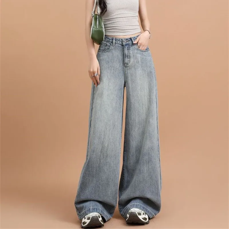 

Осенние женские повседневные широкие джинсы-кюлоты, весенние модные женские джинсы с высокой талией, американские женские однотонные джинсовые брюки