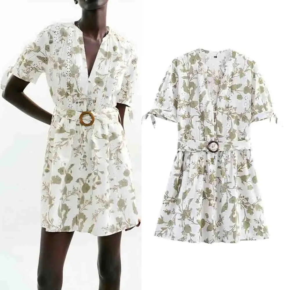 

Women's New Fashion With Belt Hollow Embroidery Printed V-neck Mini Dress Retro Short Sleeve Button-up Women's Dress