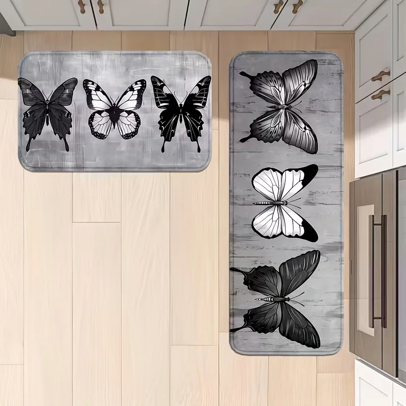 VIKAMA black and white butterfly wood grain kitchen carpet anti slip floor mat retro farmhouse indoor floor mat home decoration