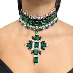 Green Corss Pendant Choker Bridal Collar Charms Party Accessories Statement Necklace Rhinestone Jewelry Pendant Wholesale Gift