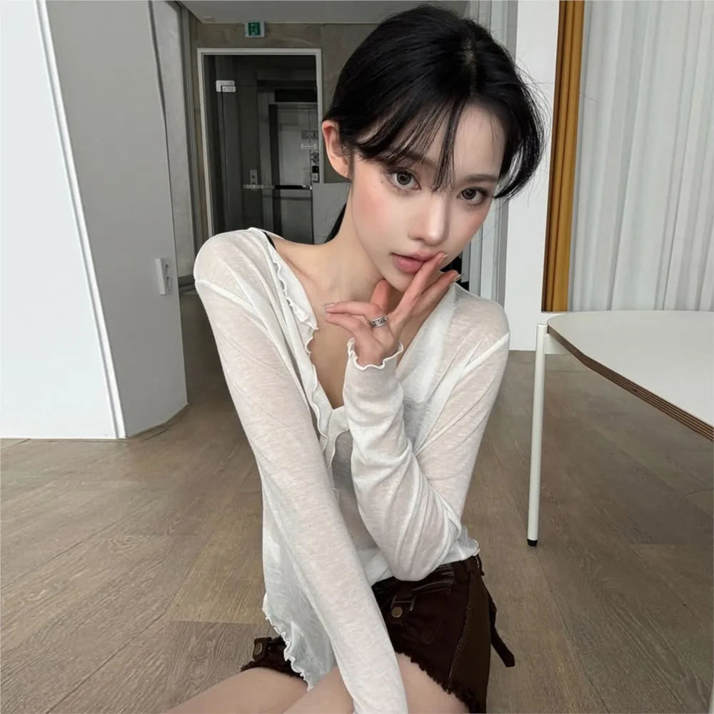 Women's Clothing Solid Color Sexy See-through Buttoned T-shirt V-neck Long-sleeved Blouse Top Simple Style All-match Temperament