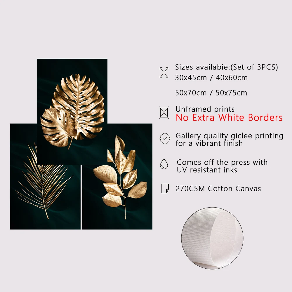 3pcs/set  frameless   Frameless Artwork Poster Abstract Gold Tropical Monstera Palm Leaves Canvas Painting Black Wall Art Pictur