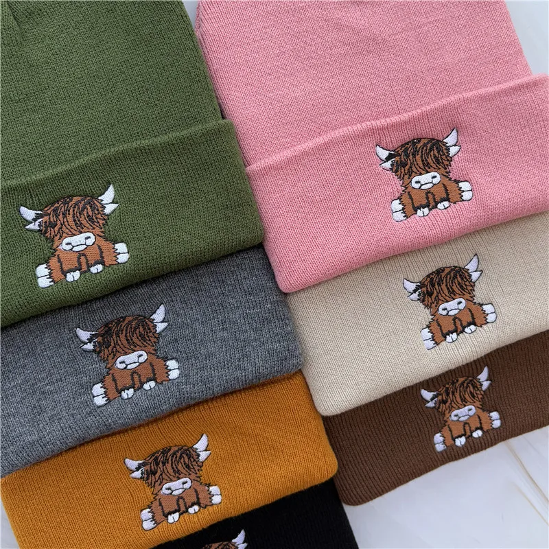 Unisex Highland Cow Embroidered Beanie, Soft Fall Winter Farm Warm Knit Beanie
