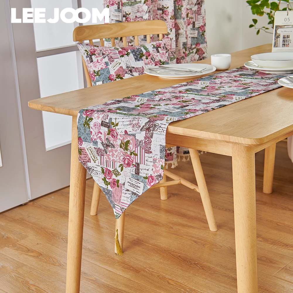 LEEJOOM European Style Village Pink Flower Printed Table Runner Polyester Table Linen Dinner Table Kitchen Decor 1PC