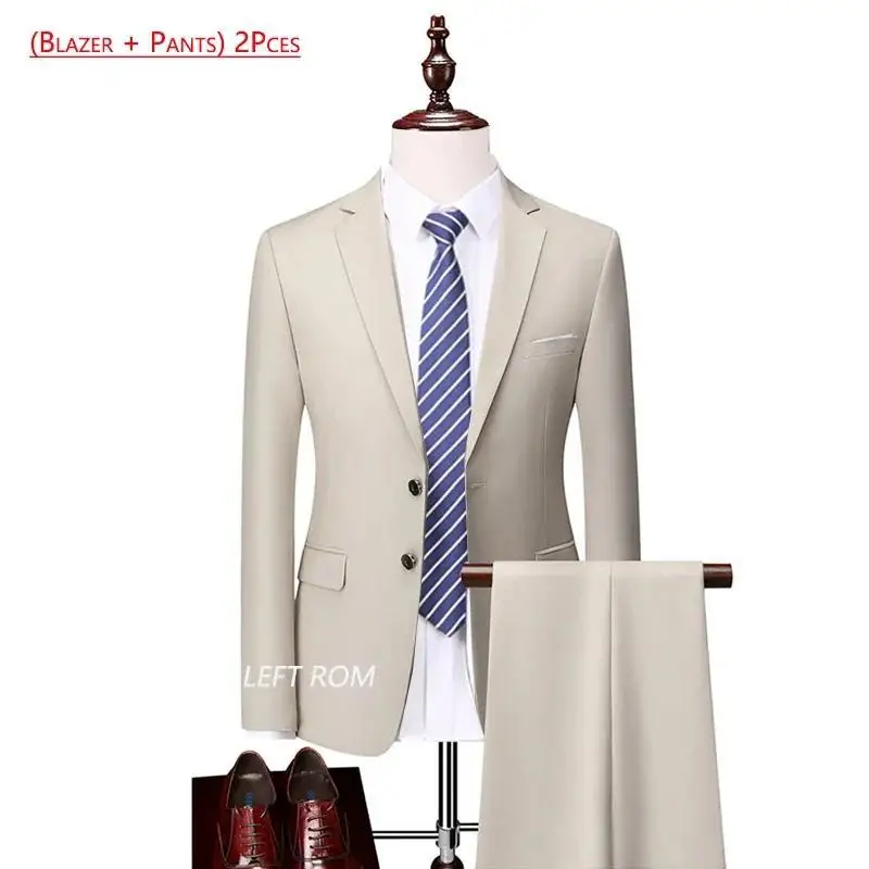 High Quality Men's Suit Solid Color Casual Button Pocket Cotton 2-piece Business Formal Lapel Groom's Party Wedding CoatPantsSet