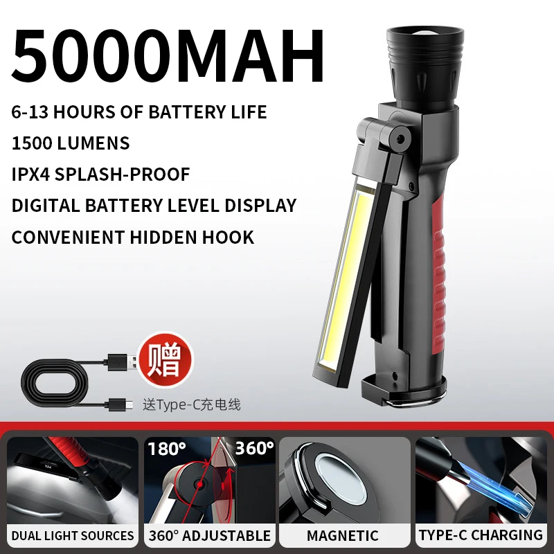 Auto Repair Work Light Ultra-Bright LED High-Intensity Rechargeable Magnetic Flashlight for Maintenance and Inspection