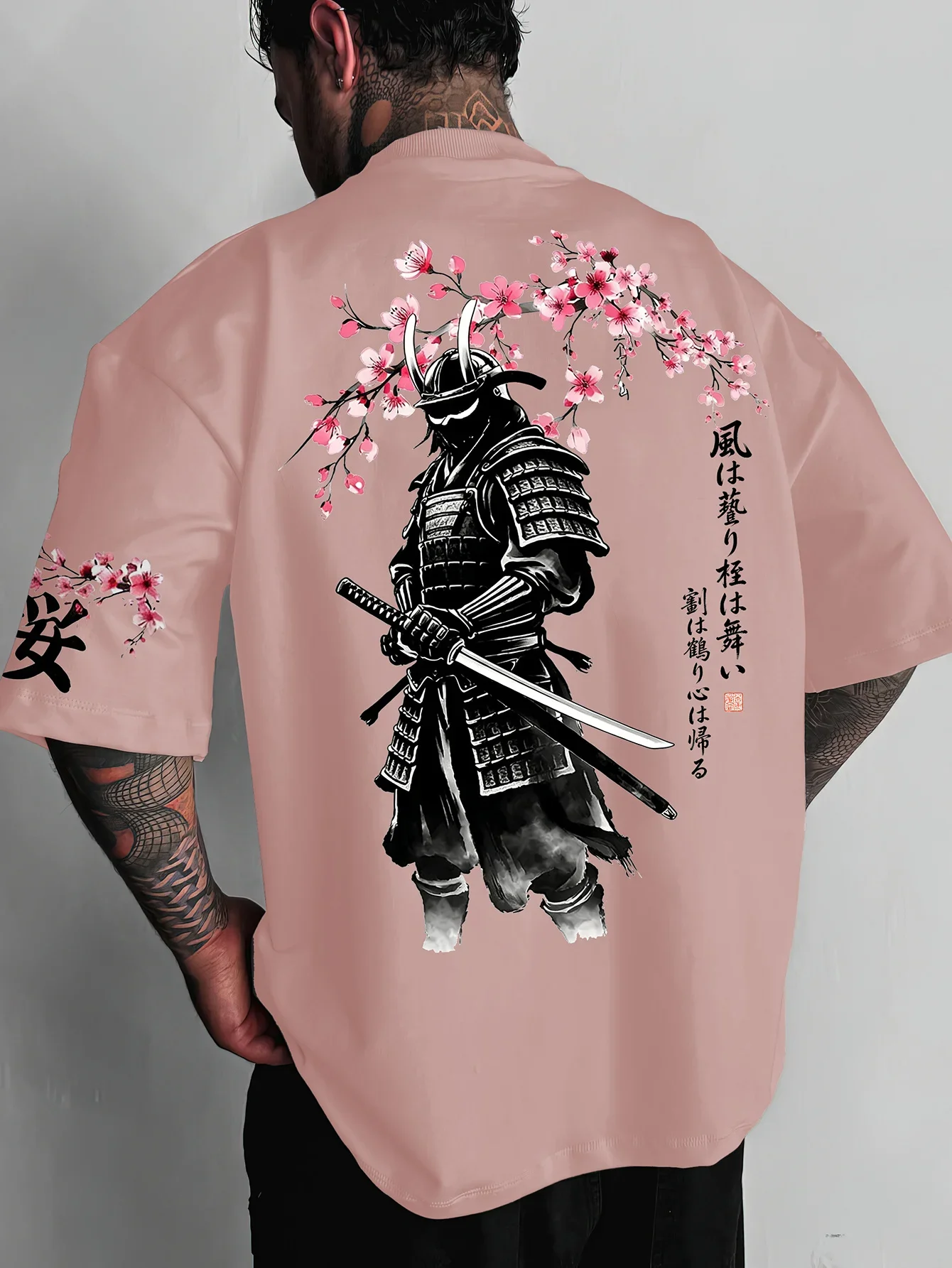 Japanese Ink Style Samurai Cherry Blossom Print Men's 100% Cotton T-shirt Casual O-neck Short Sleeve Tops Streetwear Tees