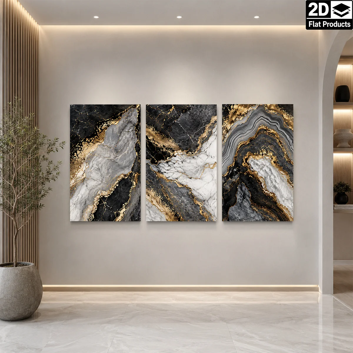 Frameless canvas 2D Flat 3PCS - Three abstract paintings with black white and gold marble patterns Themed Canvas Wall Art, Wa