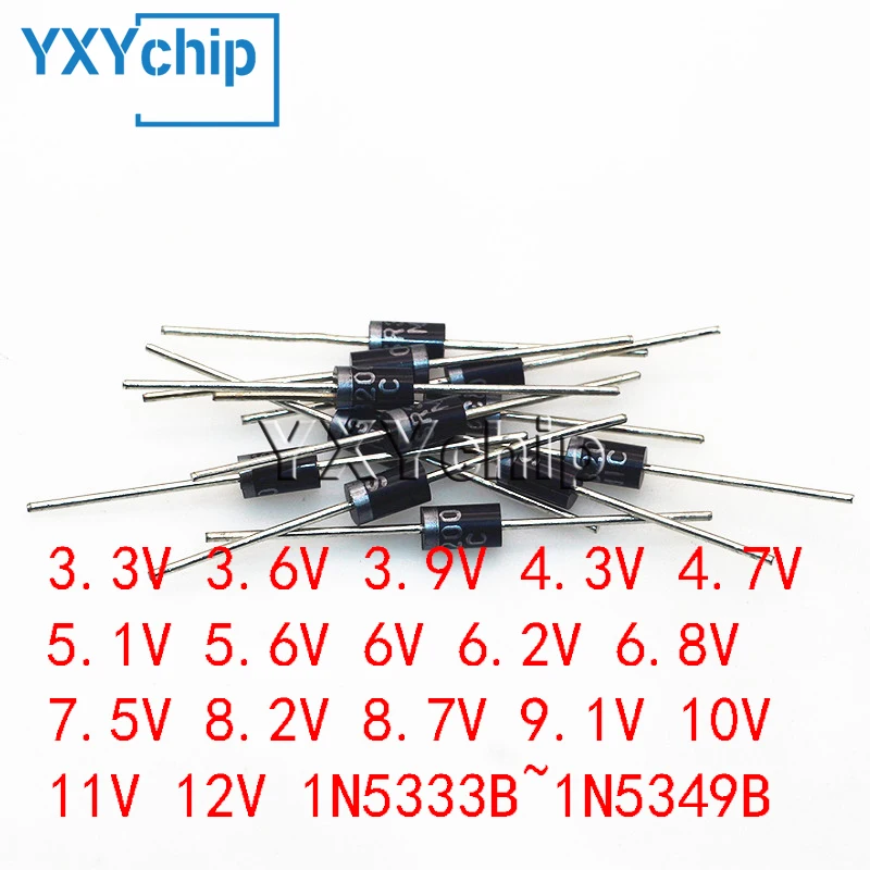 20pcs/lot 5W Zener Diodes CASE17 3.3V 3.6V 3.9V 4.3V 4.7V 5.1V 5.6V 6V 6.2V 6.8V 7.5V 8.2V 8.7V 9.1V 10V 11V 12V 1N5333B~1N5349B