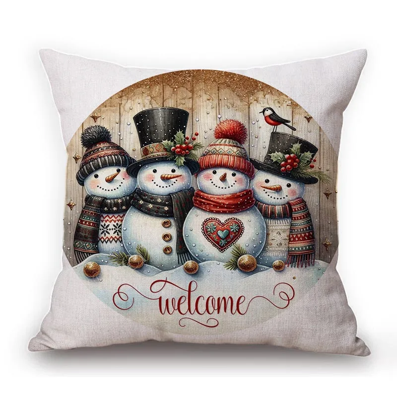 Lovely Cute Round Shape Snowman Art Merry Christmas Decoration Sofa Throw Pillow Case Cotton Linen Xmas Party Art Cushion Cover