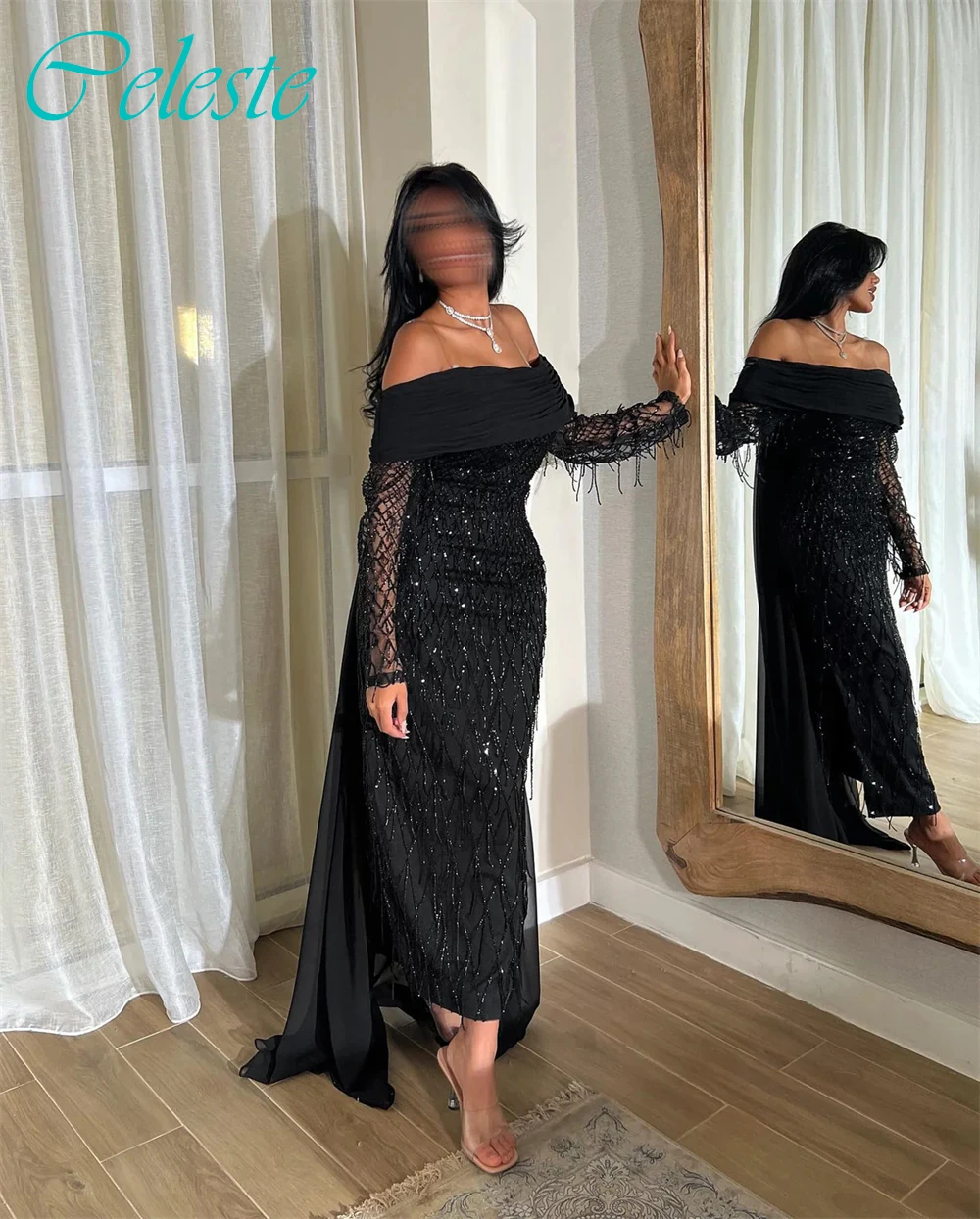 Personalizado em linha reta barco pescoço boné manga mangas compridas elegante vestido de noite delicado sob medida ocasião vestidos moda vestido de festa