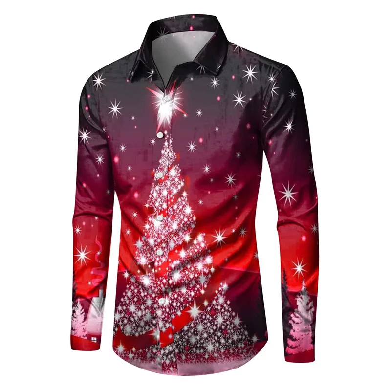 2023 Men\'s Long Sleeve Santa Series Fashionable Casual Party Soft Comfortable Versatile Lapel Large Size Shirt