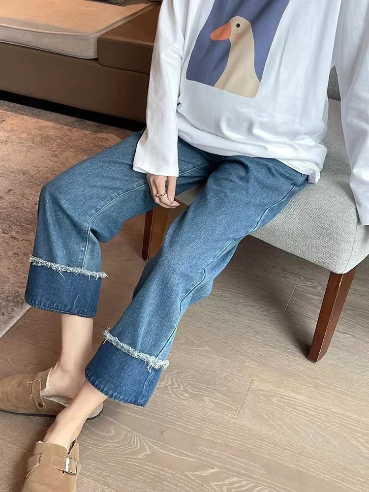 9/10 Patchwork Wide Leg Denim Maternity Jeans Autumn Loose Straight Belly Trousers Clothes for Pregnant Women Casual Pregnancy