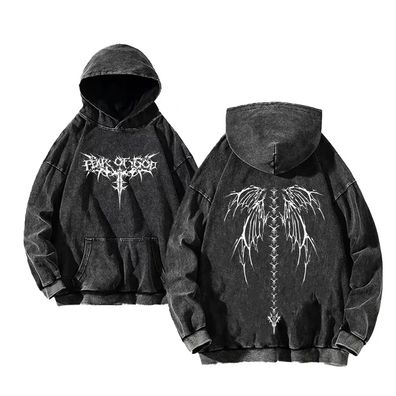 Skeleton Wings Print Hoodie for Men Women Casual Vintage Acid Wash Cotton Pullover Tops Hooded Sweatshirt with Pocket Streetwear