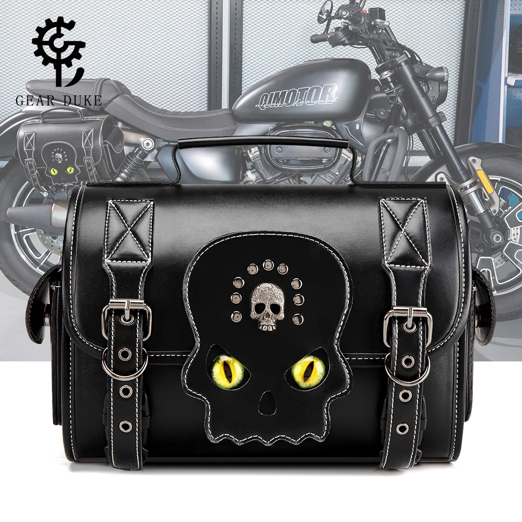 Gothic Skull Motorbike Side Bag Vintage PU Leather Double Buckle Waterproof Tool Storage Handbag With Removable Shoulder Strap