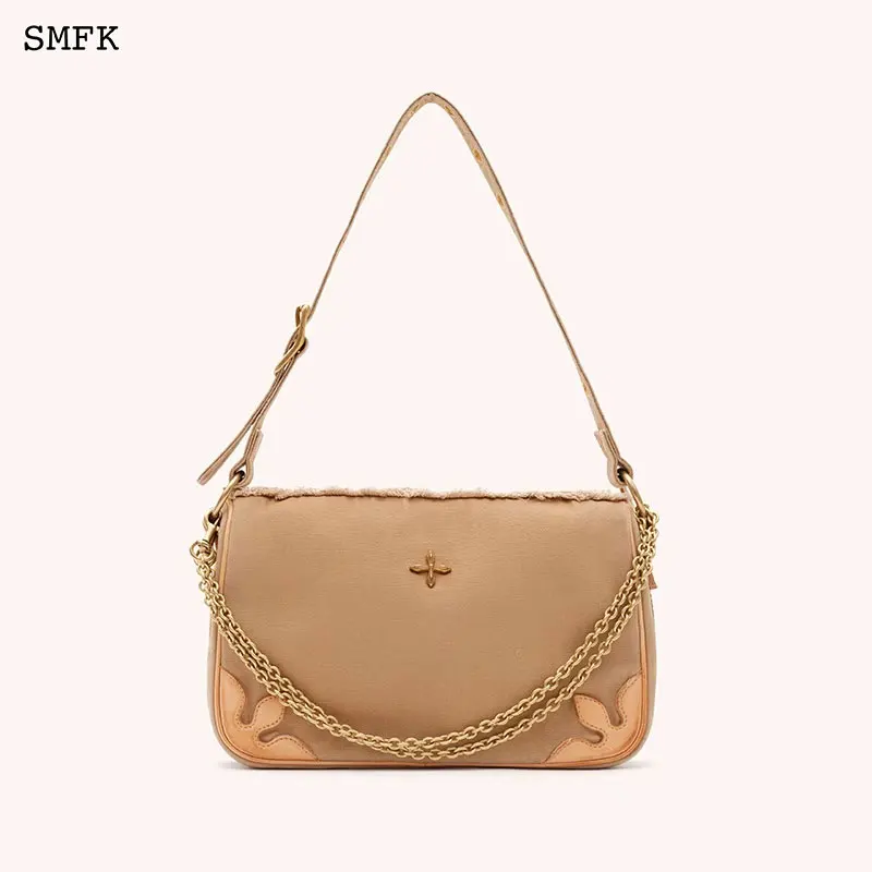 SMFK Compass Kitty Leather Bag Women Washed Cowhide Shoulder Bag Vintage Canvas Spliced Workwear Handbag 2023 New Underarm Bag