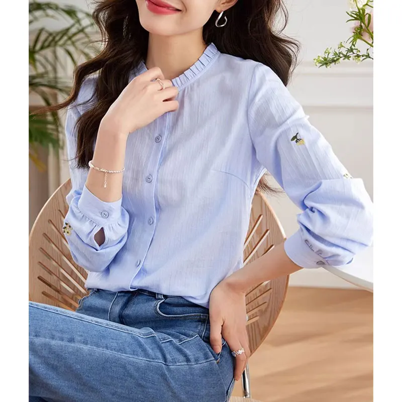 Women\'s Autumn Casual Simplicity Embroidered Stand Collar Long Sleeve Shirts Women Clothes Fashion Elegant Temperament Tops