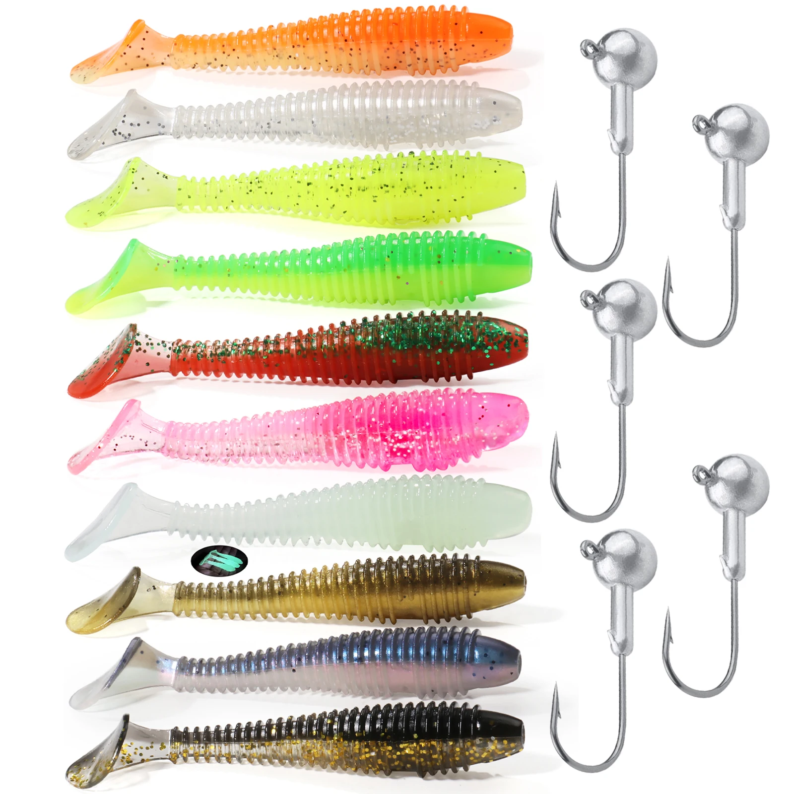 15pcs Soft Fishing Lure Set with Metal Jig Head Hook Fishing Kit 5.5cm 8cm T-Tail Carp Swimbaits Pesca T-Tail Artificial Bait