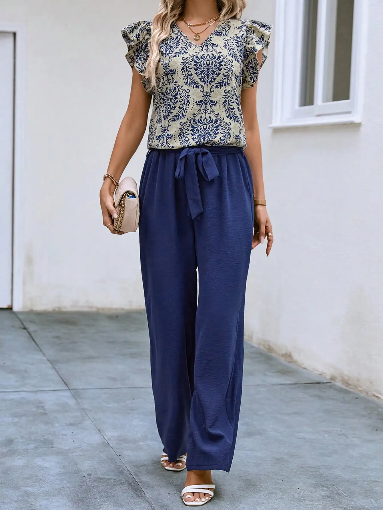 

Graphic Print Butterfly Sleeve Top And Belted Wide Leg Pants