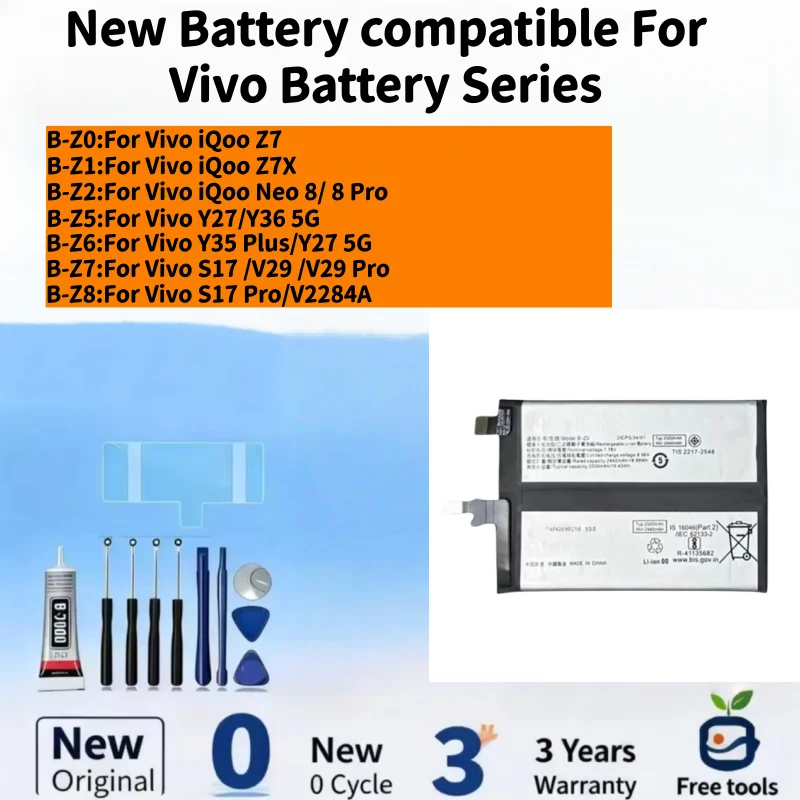 New Battery compatible For Vivo iQoo Z7/Z7X/Neo 8/8 Pro/Y27/Y36 5G/Y35 Plus/Y27 5G/S17 /V29/V29 Pro/S17 Pro Batteries+Free Tools