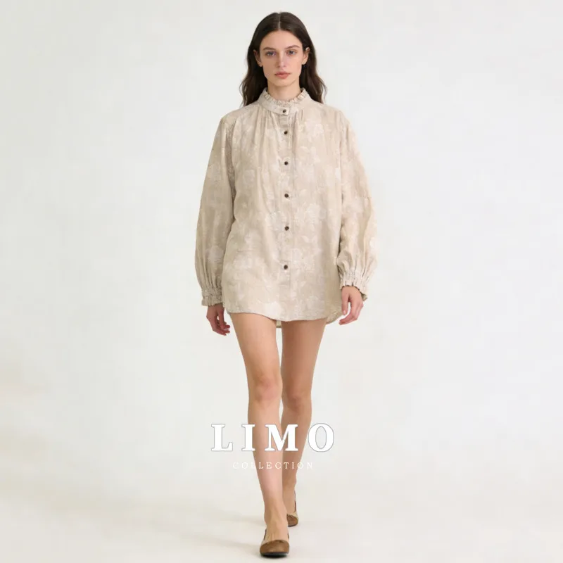 

Новая женская блузка LIMO 2026 бежевого цвета с цветочным принтом, воротником-стойкой, рукавами-фонариками, свободного кроя, повседневная, модная рубашка