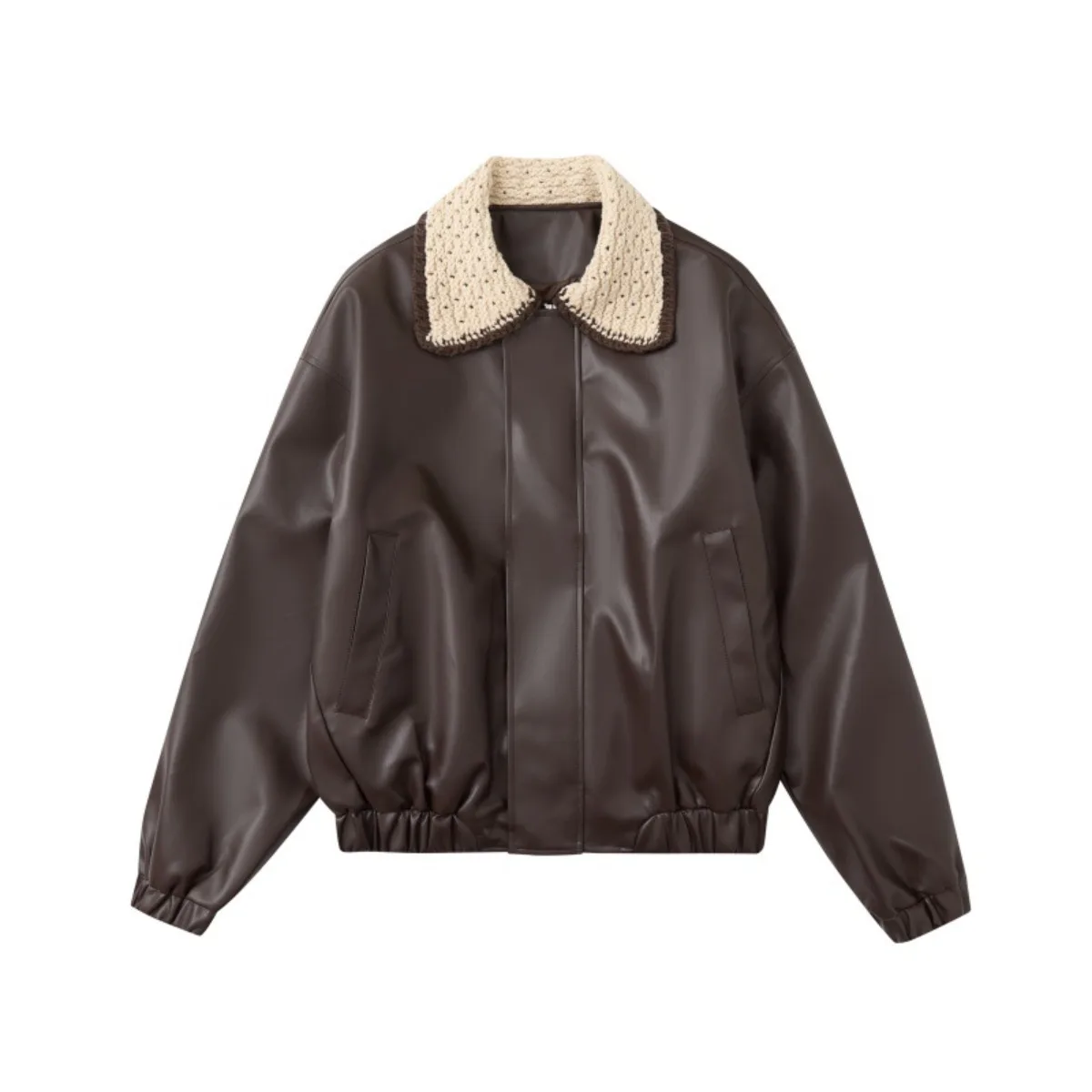 

Men's 2025 Korean Style PU Leather Jacket Color Block Stand Collar Oversized Unisex Maillard Casual Versatile Coat