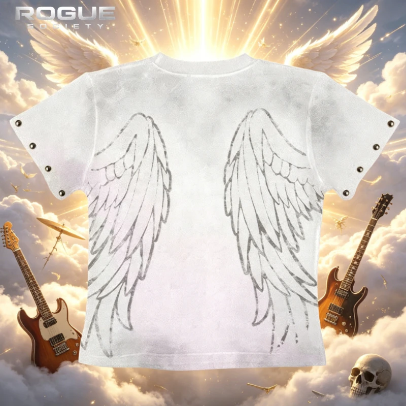 Summer Gothic Angel Wing Print Crop Shirt Men Grunge Washed Short Sleeve Rivet Fitted Y2k Streetwear Punk Black Emo Tshirt Tees