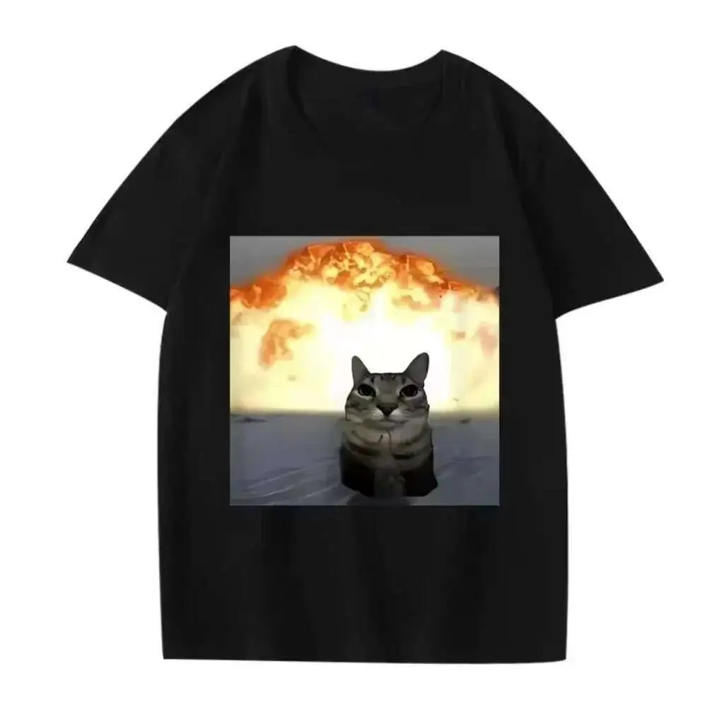 2026 Y2K Camiseta Style Pure Cotton T-Shirt Funny Cat Flame Explosion Print Breathable Summer Daily Clothing