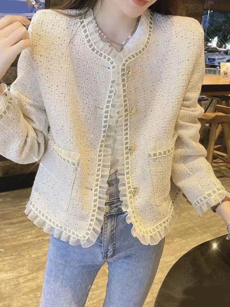 

Fashion Lace Patchwork Women Tweed Jacket Casual Korean Sing Breasted Casual Coat Female Sweet Long Sleeve Elegant Slim Top