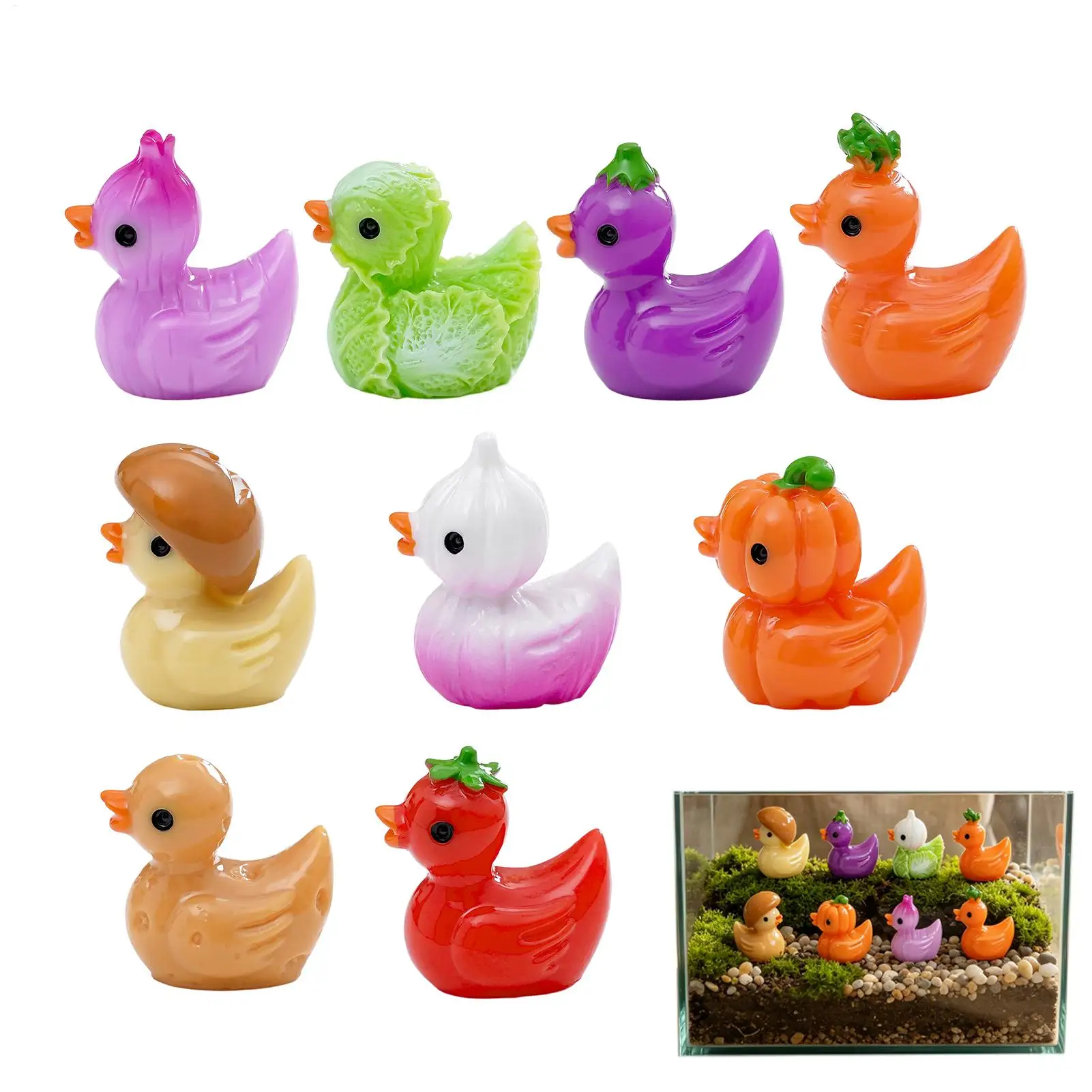 9pcs Mini Resin Ducks Cute Vegetable Pattern Mini Duck Ornaments Duckling Figurines Duck Miniature Figures Bulk Little Duck
