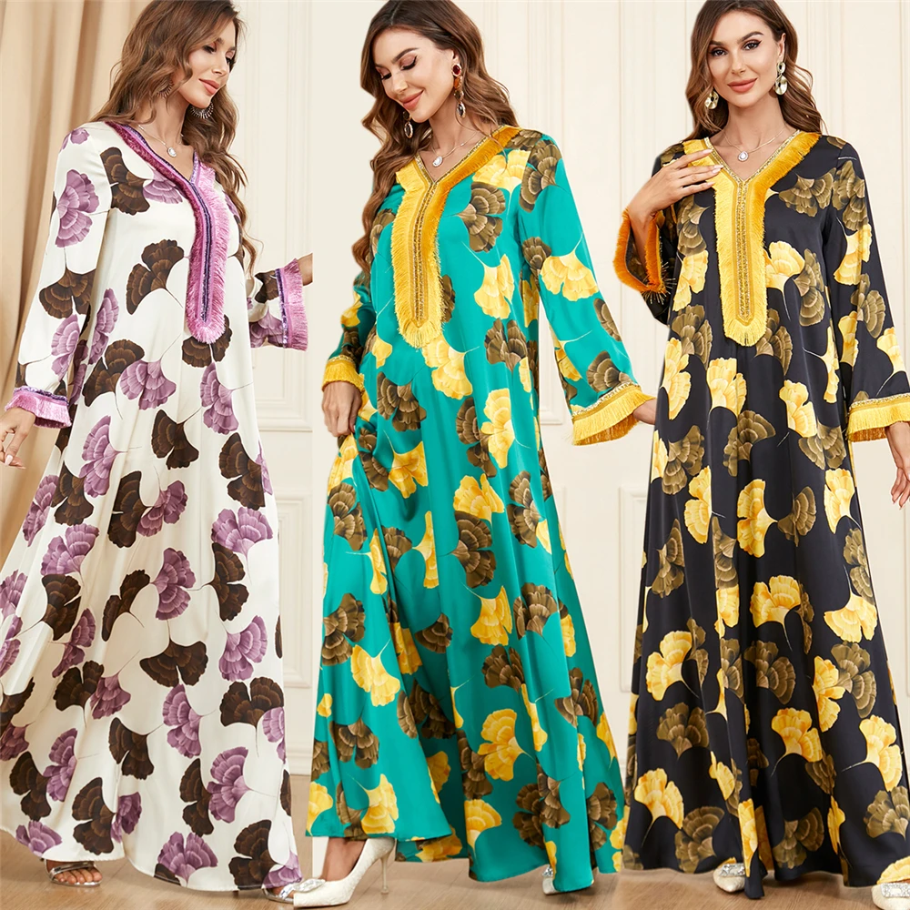 

Muslim Abaya Tassel Print Long Dresses Gulf Jalabiya Dubai Arabic Split Hem Evening Dress Moroccan Kaftan Ramadan Eid Robe Gown