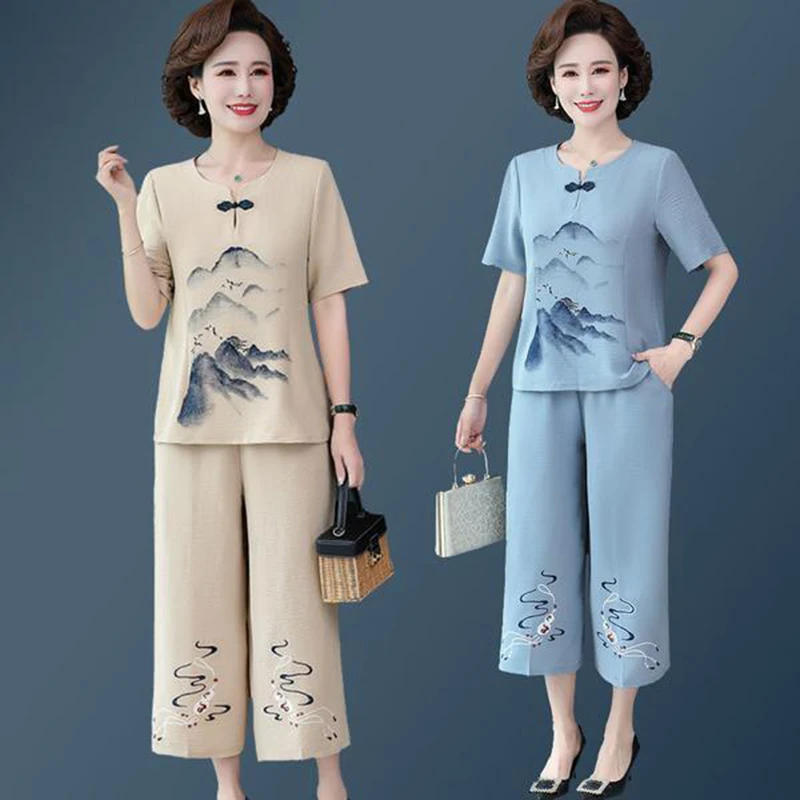 New Two-Piece Summer set Female New Embroidery Set Mother Middle-Aged Outfit Elderly Women\'s Ethnic Casual Suit