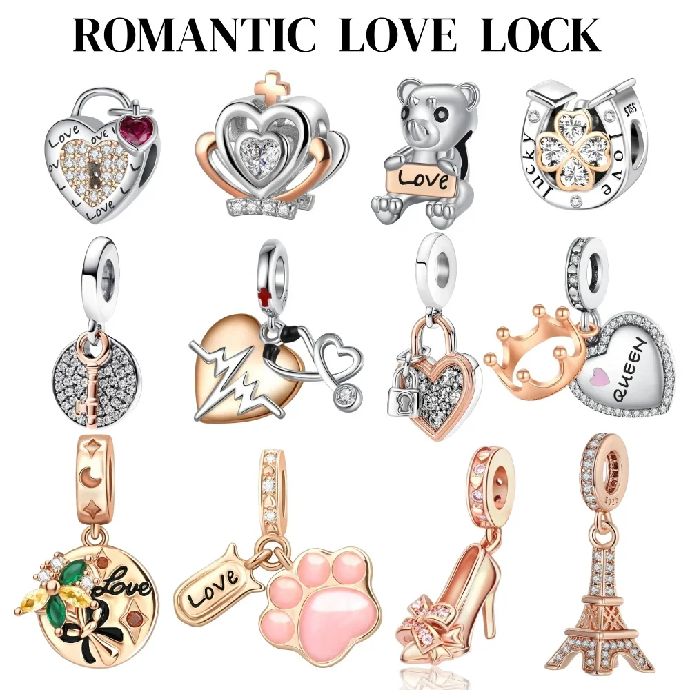 Cuentas románticas con forma de torre y cerradura de amor para mujer, pulsera de plata de ley 925, collar, regalo de joyería de aniversario de cumpleaños