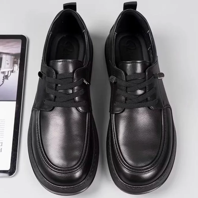 Black Men's Business Casual Leather Shoes Cowhide Leather Sneakers Large Head Leather Shoes For Men sheepskin Lining Dad Shoes