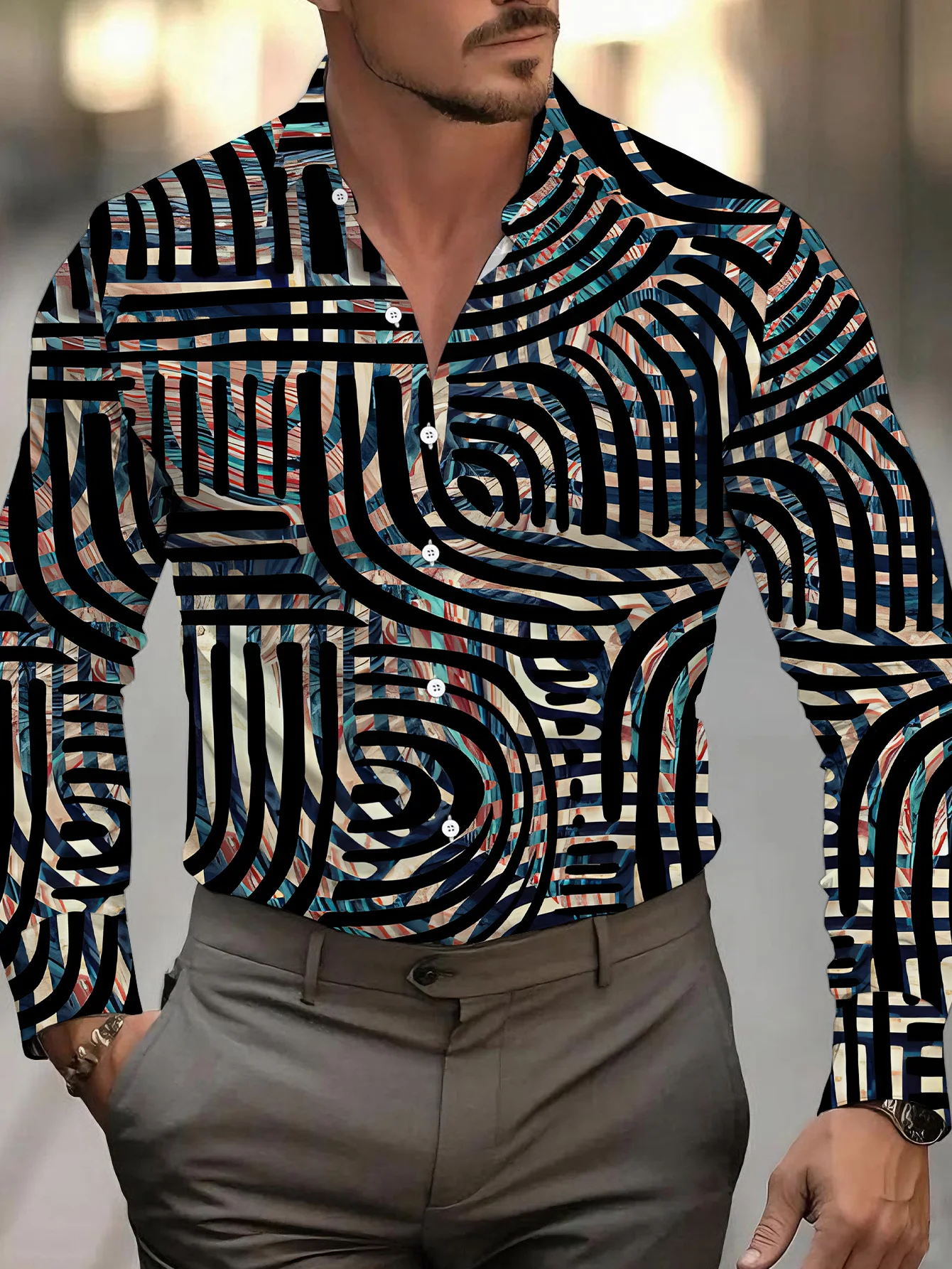 Men Long-Sleeve Button-Down Shirt Abstract Geometric Wave Line Print Polyester Lapel Collar Casual Top