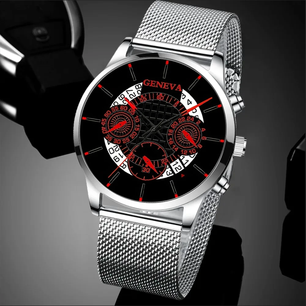 3PCS Set Fashion Mens Calendar Watches Men Business Bracelet Wings Necklace Stainless Steel Mesh Belt Quartz Wrist Watch