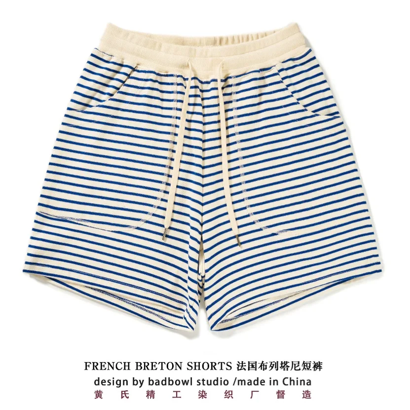 Original Navy & White Stripe Casual Shorts - Men's Heavyweight Washed 100% Cotton Retro Relaxed Fit Wide-Leg Cropped Pants