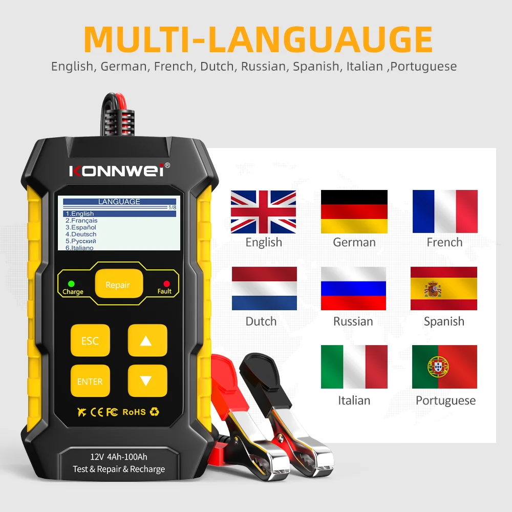 KONNWEI KW510 Car Battery Tester Full Automatic 12V Pulse Repair 5A Battery Chargers Cranking AGM Gel Car Repair Tool PK BM550