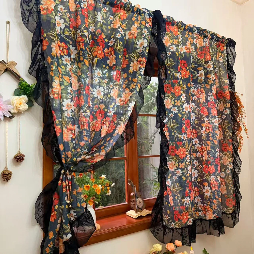 American Vintage Printed Linen Curtains with Ruffle Design, High Blackout Heavy Duty Drapes for Living Room Bedroom