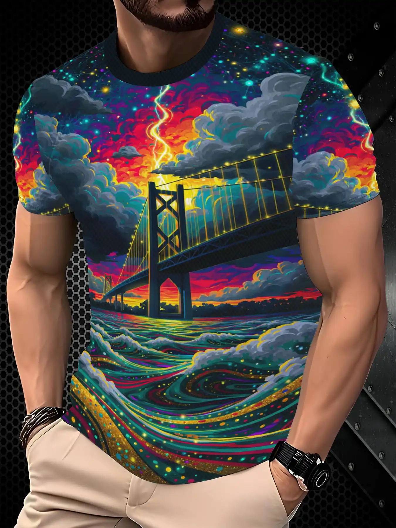 Men's Colorful Bridge Wave Lightning Sky Print T-Shirt O-Neck Short Sleeve Scenic Casual Tops