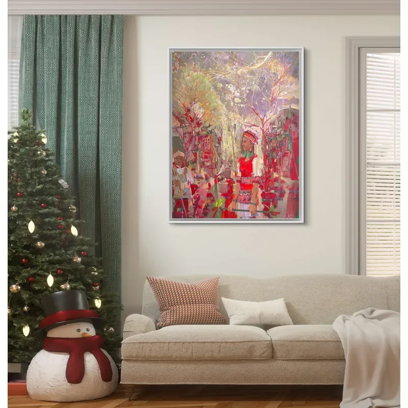Vibrant Red Building Street View Oil Painting Handmade Canvas Wall Art Modern Ethnic Style Indoor Home Decor Ramadan Wedding