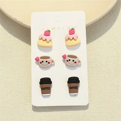 3Pairs/Set Cute Polyresin Cartoon Strawberry Cake & Coffee Cup Stud Earrings for Women for Daily Decoration