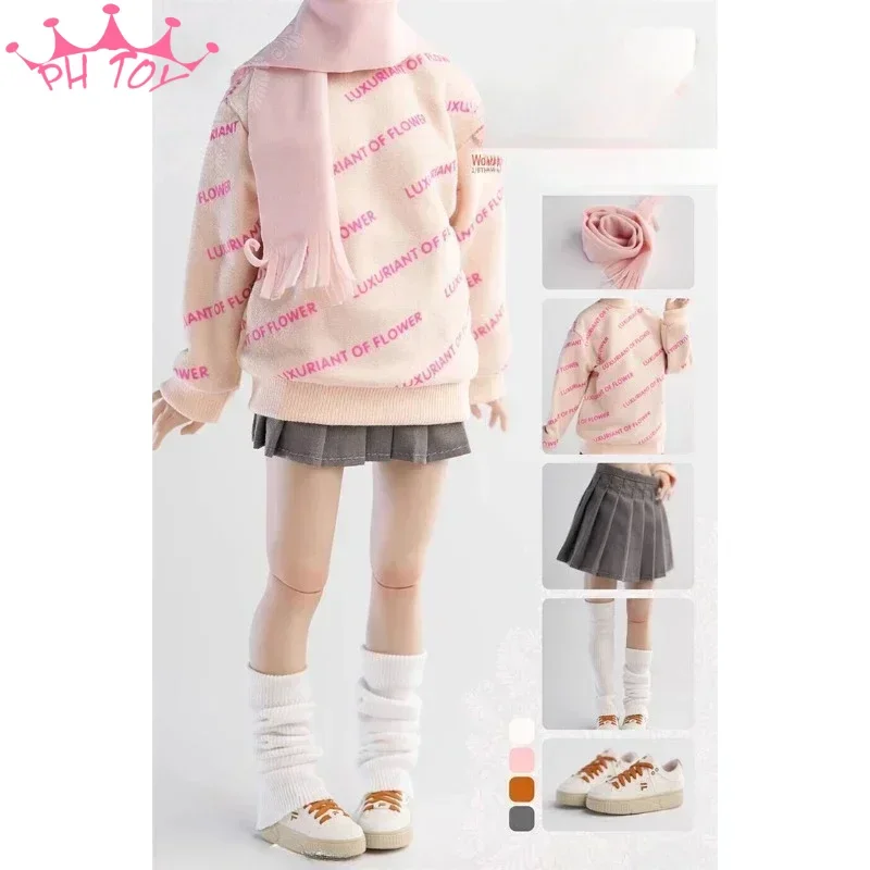 1/6 Scale Winter Girl Costume Scarf Shoes Pullover Coat Pleated Skirt Suit Model for 12