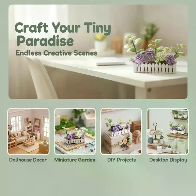 Mini Artificial Potted Flower Plants With White Fence Dollhouse Flower Potted Model Decor Dolls House Micro Landscape Ornament