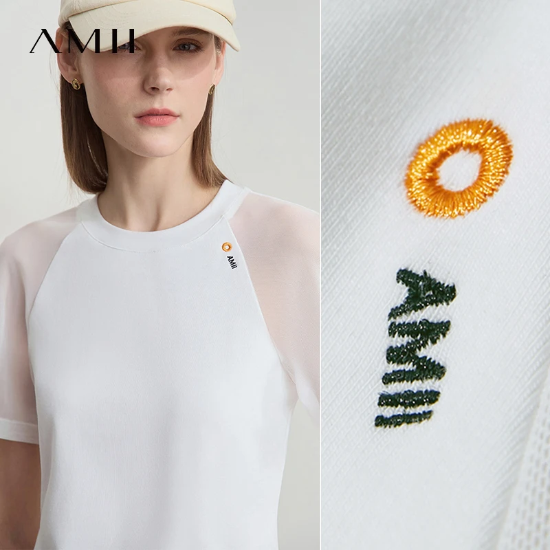 

AMII Casual Summer T-shirts Women 2025 New Letter Short Sleeve Round Neck Embroidered Shirt Woman Slimming Sports 12522056