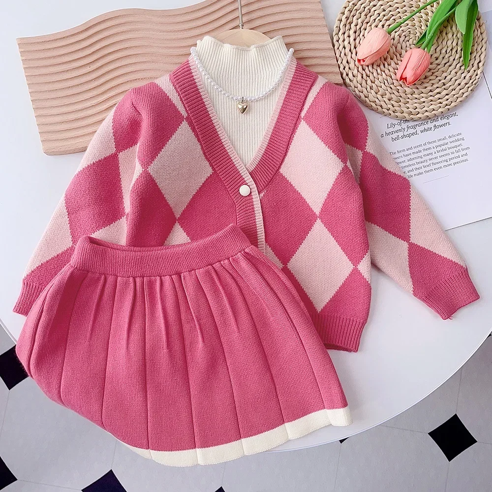 Winter New Children's Clothing Geometric Pattern Printed Cardigan Sweater+Pleated Skirt 2-piece Sets Pink Cute Girl Clothes