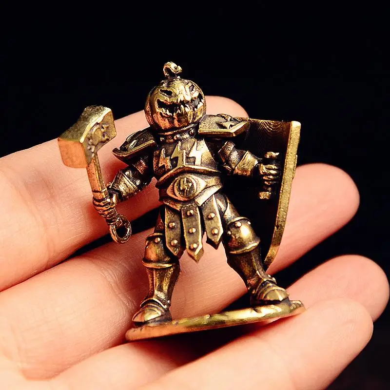 Hot Sale Brass Made Shield Soldier Statue Pumpkin Demon Warrior Display With Hammer Pumpkin Headgear Figurine Home Office Decor